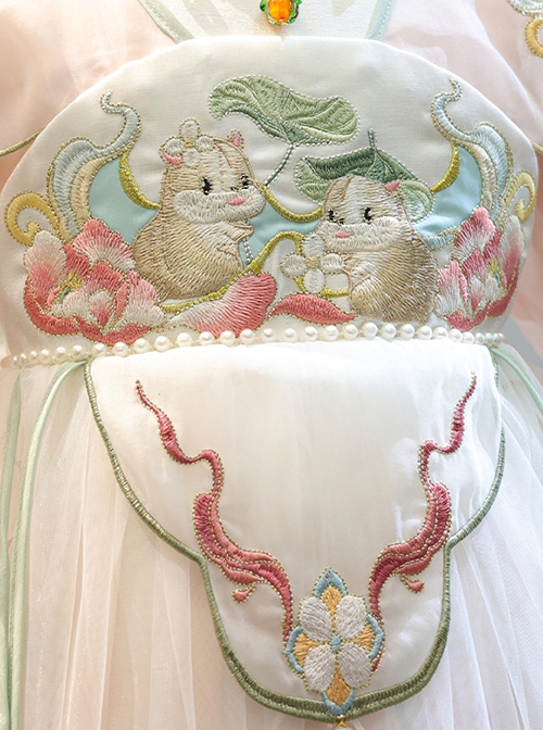 Cute New Chinese Folk Style Pink Flower Fairy Lotus Leaf Hamster Embroidery Cloud Shoulder Sweet Lolita Chiffon Kid Dress