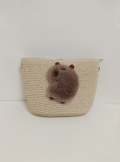 Summer Beige Brown Straw Pastoral Style Cute Childlike Sleeping Guinea Pig Single Strap Crossbody Sweet Lolita Bag