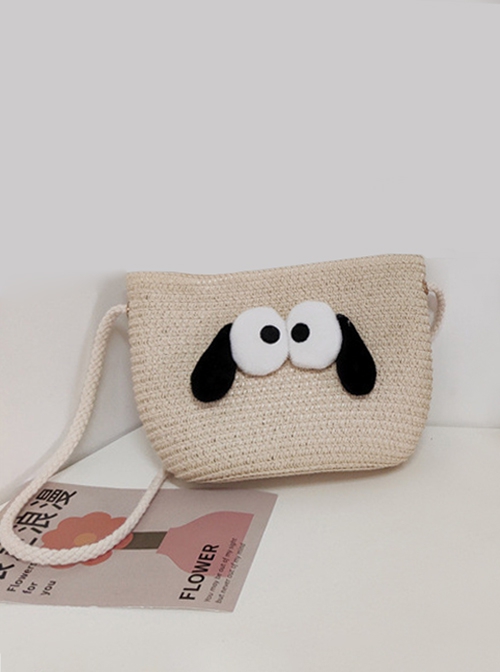 Beige Straw Pastoral Style Cute Funny Big Eyes Puppy Ears Childlike Kawaii Fashion Single Strap Crossbody Bag