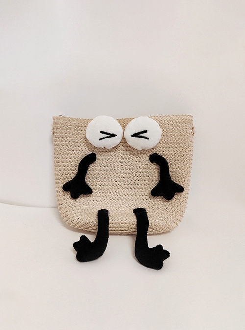 Cute Funny Coal Cartoon Man Wink Childlike Kawaii Fashion Single Strap Crossbody Beige Straw Bag