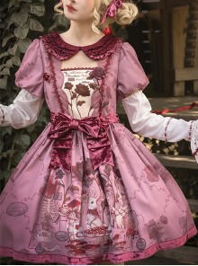 Gorgeous Exquisite Rabbit Rose Garden Print Velvet Bowknot Deep Pink Puff Sleeve Doll Collar Sweet Lolita Dress