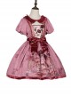 Gorgeous Exquisite Rabbit Rose Garden Print Velvet Bowknot Deep Pink Puff Sleeve Doll Collar Sweet Lolita Dress