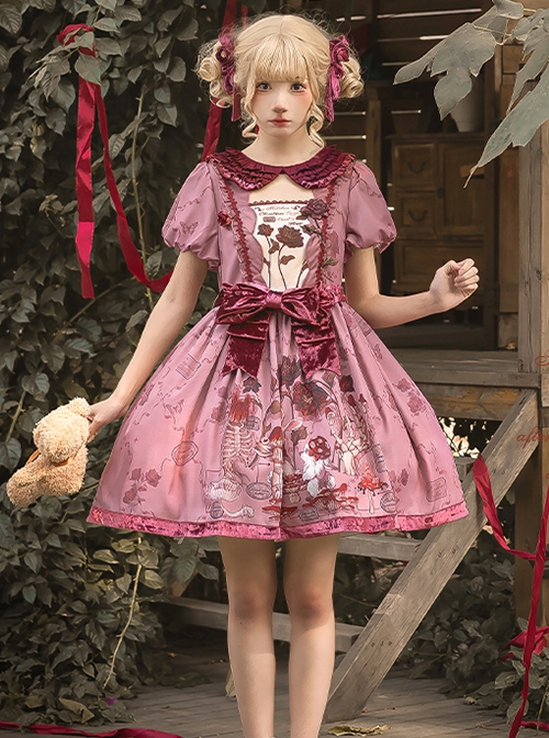 Gorgeous Exquisite Rabbit Rose Garden Print Velvet Bowknot Deep Pink Puff Sleeve Doll Collar Sweet Lolita Dress