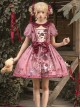 Gorgeous Exquisite Rabbit Rose Garden Print Velvet Bowknot Deep Pink Puff Sleeve Doll Collar Sweet Lolita Dress