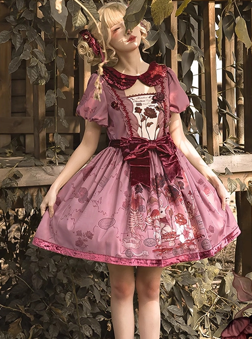 Gorgeous Exquisite Rabbit Rose Garden Print Velvet Bowknot Deep Pink Puff Sleeve Doll Collar Sweet Lolita Dress