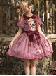 Gorgeous Exquisite Rabbit Rose Garden Print Velvet Bowknot Deep Pink Puff Sleeve Doll Collar Sweet Lolita Dress