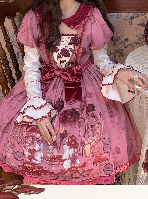 Gorgeous Exquisite Rabbit Rose Garden Print Velvet Bowknot Deep Pink Puff Sleeve Doll Collar Sweet Lolita Dress