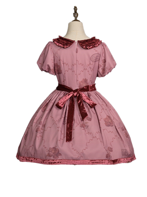 Gorgeous Exquisite Rabbit Rose Garden Print Velvet Bowknot Deep Pink Puff Sleeve Doll Collar Sweet Lolita Dress