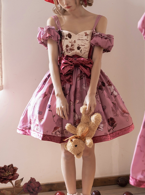 Rabbit Rose Print Gorgeous Exquisite Creative Flip Book Patch Velvet Bowknot Deep Pink Sleeveless Sweet Lolita Sling Dress