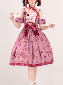 Exquisite Creative Flip Book Patch Velvet Bowknot Deep Pink Rabbit Rose Print Sleeveless Sweet Lolita Long Version Sling Dress