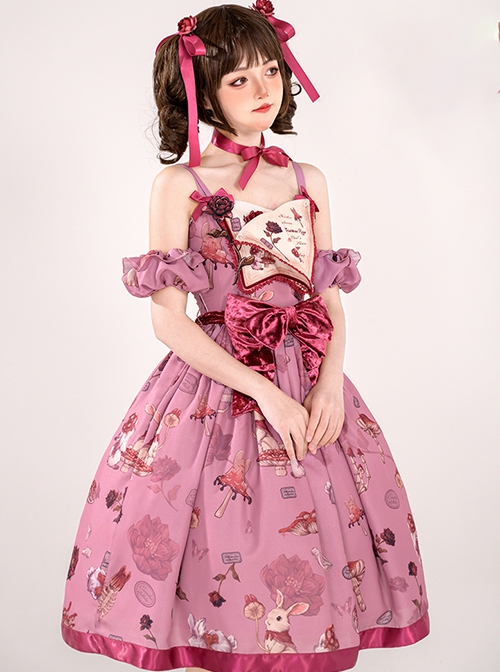 Exquisite Creative Flip Book Patch Velvet Bowknot Deep Pink Rabbit Rose Print Sleeveless Sweet Lolita Long Version Sling Dress