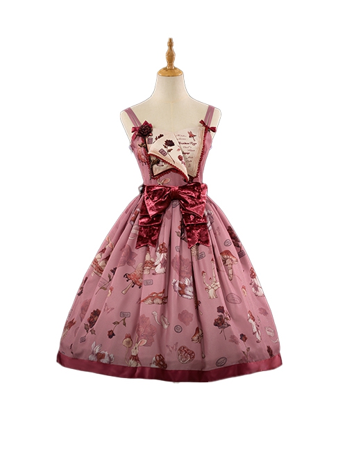 Exquisite Creative Flip Book Patch Velvet Bowknot Deep Pink Rabbit Rose Print Sleeveless Sweet Lolita Long Version Sling Dress