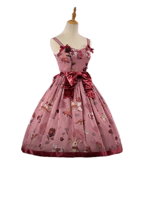 Exquisite Creative Flip Book Patch Velvet Bowknot Deep Pink Rabbit Rose Print Sleeveless Sweet Lolita Long Version Sling Dress