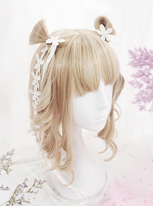 Daily Elegant Light Golden Color Flat Bangs Sweet Lolita Girly Lively Cute Roman Roll Short Curly Hair Wig