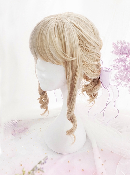 Daily Elegant Light Golden Color Flat Bangs Sweet Lolita Girly Lively Cute Roman Roll Short Curly Hair Wig