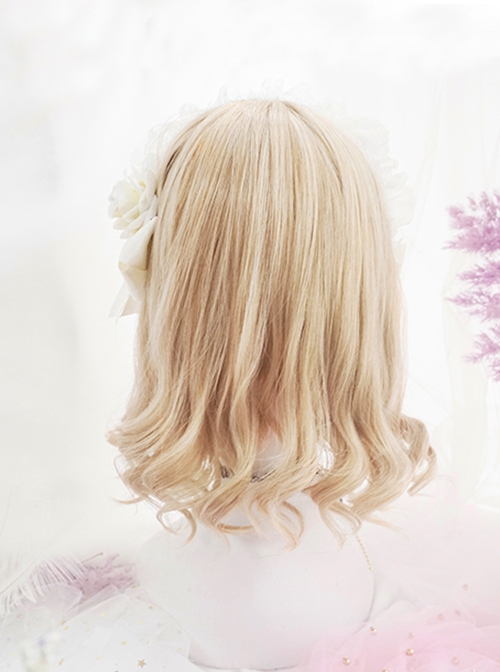 Daily Elegant Light Golden Color Flat Bangs Sweet Lolita Girly Lively Cute Roman Roll Short Curly Hair Wig