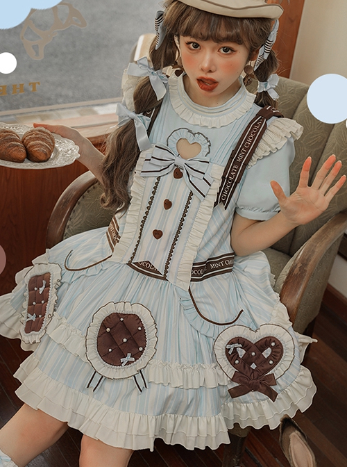 Sea Salt Cookie Series Chocolate Biscuit Bowknot Light Blue Heart Shaped Hollow Big Pocket Sweet Lolita Puff Sleeve Dress Set