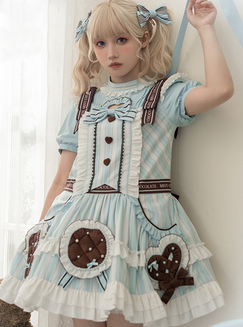 Sea Salt Cookie Series Chocolate Biscuit Bowknot Light Blue Heart Shaped Hollow Big Pocket Sweet Lolita Puff Sleeve Dress Set