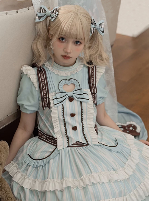 Sea Salt Cookie Series Chocolate Biscuit Bowknot Light Blue Heart Shaped Hollow Big Pocket Sweet Lolita Puff Sleeve Dress Set