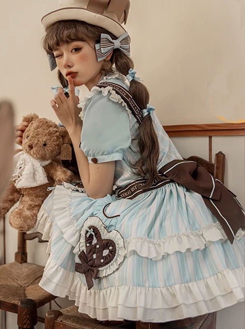 Sea Salt Cookie Series Chocolate Biscuit Bowknot Light Blue Heart Shaped Hollow Big Pocket Sweet Lolita Puff Sleeve Dress Set