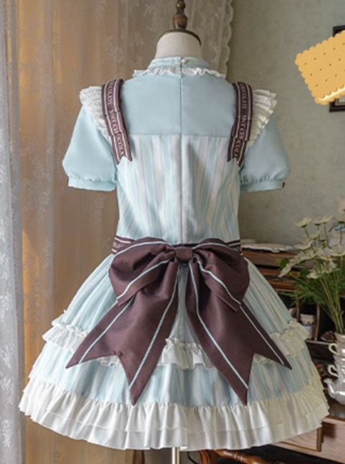 Sea Salt Cookie Series Chocolate Biscuit Bowknot Light Blue Heart Shaped Hollow Big Pocket Sweet Lolita Puff Sleeve Dress Set