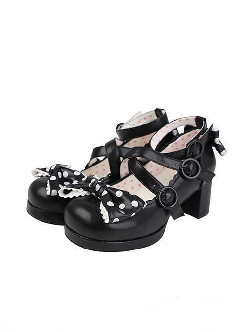 POP Candy Series Retro Doll Polka Dot Bowknot Cross Strap Sweet Lolita Round Head High Heal Lady Shoes