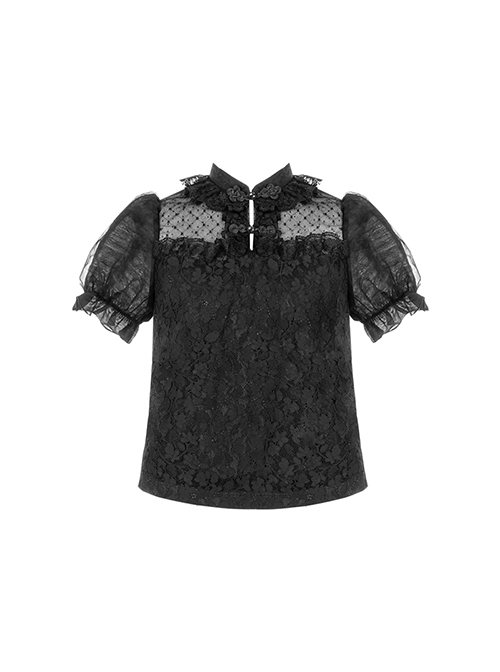 New Chinese Style Retro Jacquard Dark Pattern Auspicious Cloud Buckle Polka Dot Mesh Yarn Classic Lolita Puff Sleeve Blouse