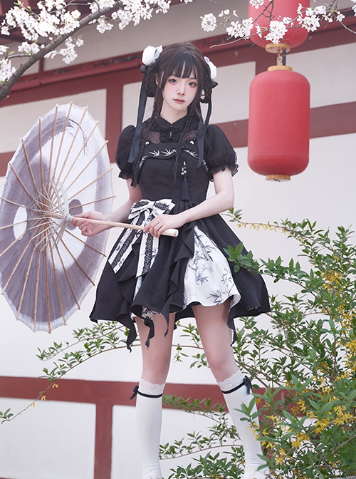 Bamboo Leaf Dark Pattern Jacquard New Chinese Style Elegant Bowknot Black Classic Lolita Sleeveless Suspender Dress
