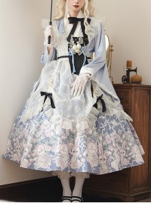 Tsubaki Garden Series Alice Light Blue Japanese Style Bowknot Classic Lolita Yarn Apron Maid Wide Sleeves Printing Dress