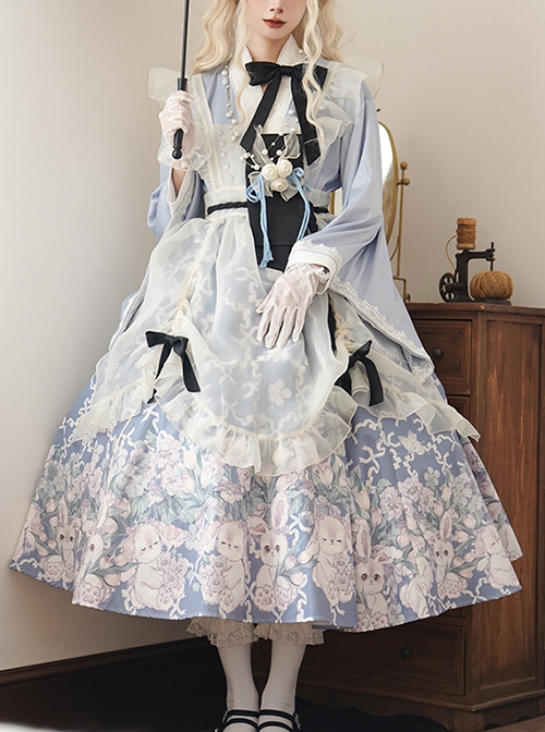 Tsubaki Garden Series Alice Light Blue Japanese Style Bowknot Classic Lolita Yarn Apron Maid Wide Sleeves Printing Dress