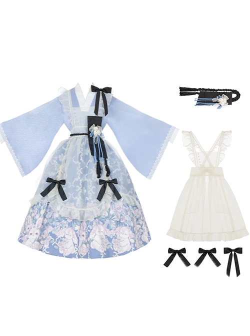 Tsubaki Garden Series Alice Light Blue Japanese Style Bowknot Classic Lolita Yarn Apron Maid Wide Sleeves Printing Dress