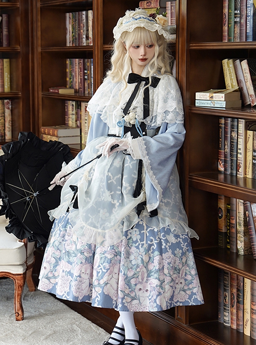 Tsubaki Garden Series Alice Light Blue Japanese Style Bowknot Classic Lolita Yarn Apron Maid Wide Sleeves Printing Dress