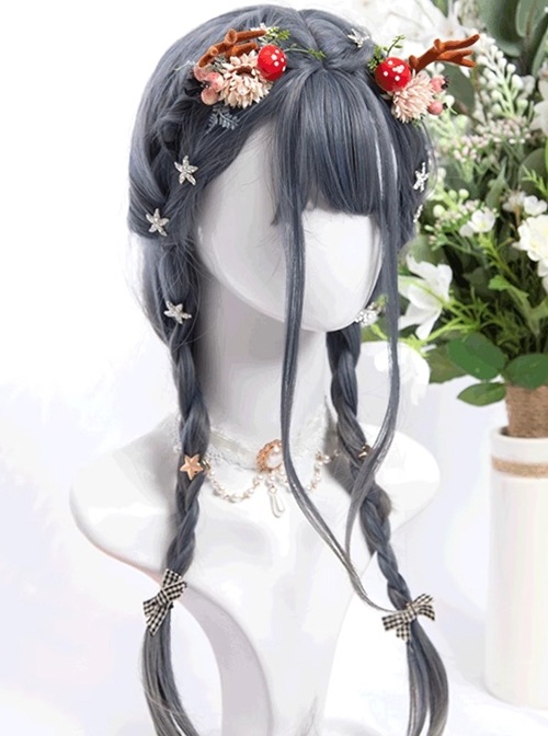 Gray Blue Gradient Flat Bangs Dark Haze Blue Versatile Daily Slightly Curly Long Hair Classic Lolita Full Head Wig