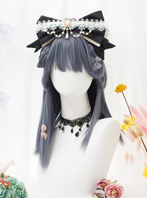 Comic Style Versatile Mixed Blue Air Bangs Middle Long Straight Hair Classic Lolita Full Head Wig