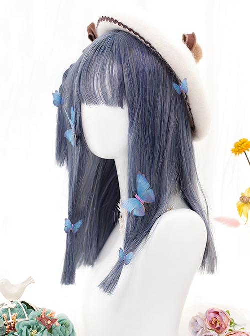 Comic Style Versatile Mixed Blue Air Bangs Middle Long Straight Hair Classic Lolita Full Head Wig