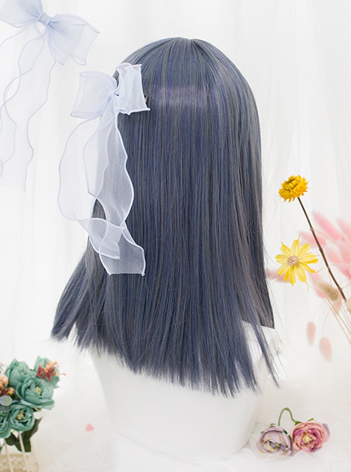 Comic Style Versatile Mixed Blue Air Bangs Middle Long Straight Hair Classic Lolita Full Head Wig