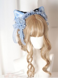 Blue Black Versatile Cute Plush Cat Ear Hairpin Sweet Lolita Ruffle Lace Ribbon Yarn Pearl Bowknot Headband