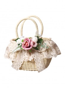 Beach Pastoral Style Soft Girl Lace Ribbon Bowknot Simulation Flower Plant Classic Lolita Straw Handbag
