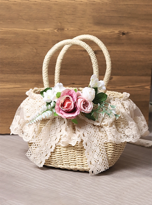 Beach Pastoral Style Soft Girl Lace Ribbon Bowknot Simulation Flower Plant Classic Lolita Straw Handbag