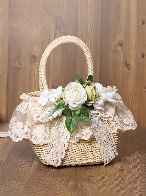 Beach Pastoral Style Soft Girl Lace Ribbon Bowknot Simulation Flower Plant Classic Lolita Straw Handbag