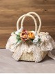 Beach Pastoral Style Soft Girl Lace Ribbon Bowknot Simulation Flower Plant Classic Lolita Straw Handbag