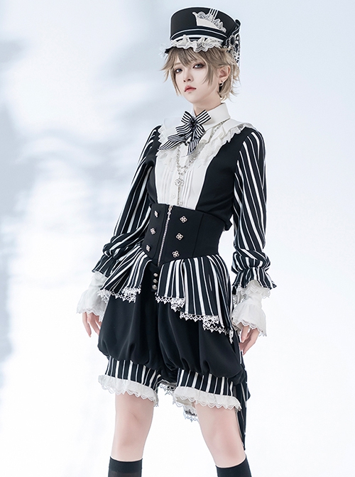 Wonderful Trick Series Ouji Fashion Black White Stripes Retro Elegant Prince Department Long Sleeve Shirt Short Pants Set