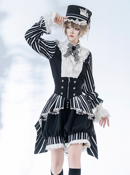 Wonderful Trick Series Ouji Fashion Black White Stripes Retro Elegant Prince Department Long Sleeve Shirt Short Pants Set