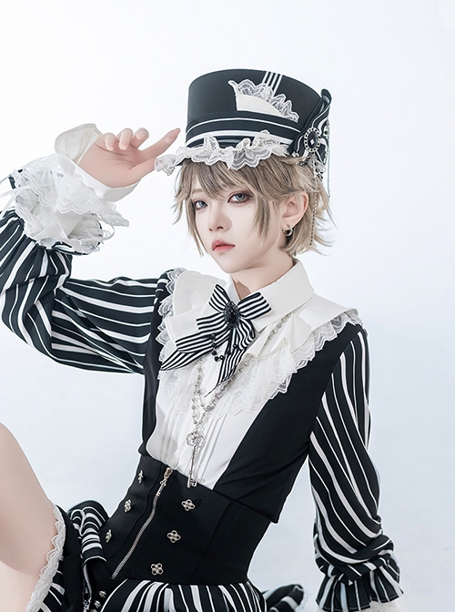 Wonderful Trick Series Retro Elegant Prince Style Ouji Fashion Black White Stripes Gorgeous Lace Hat