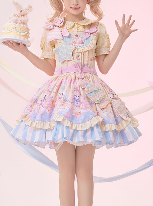 Party Bunny Series Daily Pink Cute Gorgeous Cake Desserts Print Bowknot Sweet Lolita Sleeveless Dress Doll Ribbon Hairpin Set