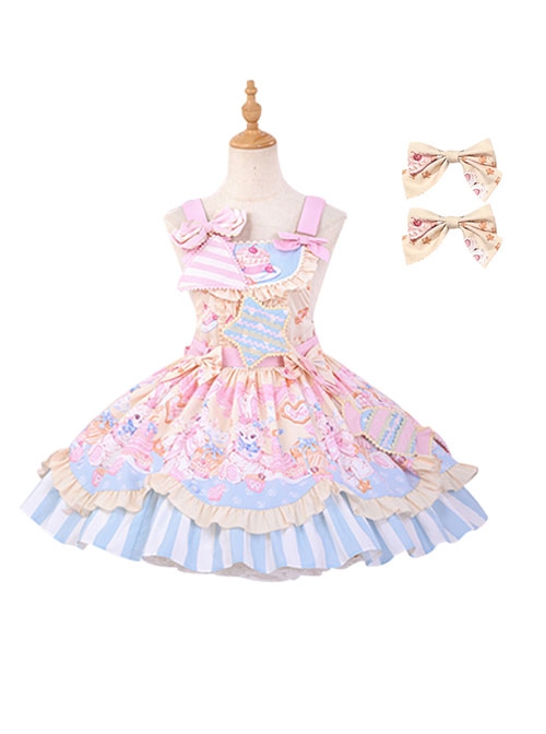 Party Bunny Series Daily Pink Cute Gorgeous Cake Desserts Print Bowknot Sweet Lolita Sleeveless Dress Doll Ribbon Hairpin Set