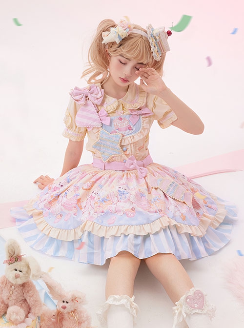 Party Bunny Series Daily Pink Cute Gorgeous Cake Desserts Print Bowknot Sweet Lolita Sleeveless Dress Doll Ribbon Hairpin Set