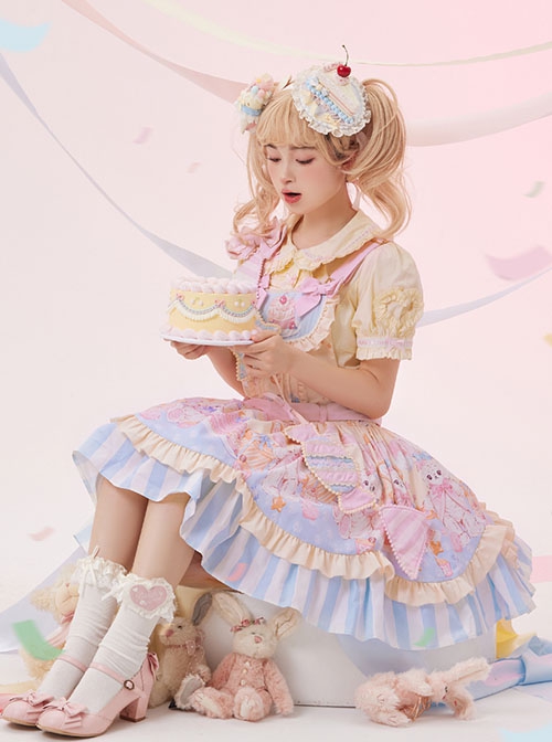 Party Bunny Series Daily Pink Cute Gorgeous Cake Desserts Print Bowknot Sweet Lolita Sleeveless Dress Doll Ribbon Hairpin Set