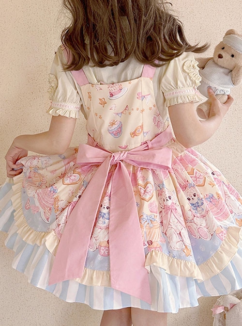 Party Bunny Series Daily Pink Cute Gorgeous Cake Desserts Print Bowknot Sweet Lolita Sleeveless Dress Doll Ribbon Hairpin Set