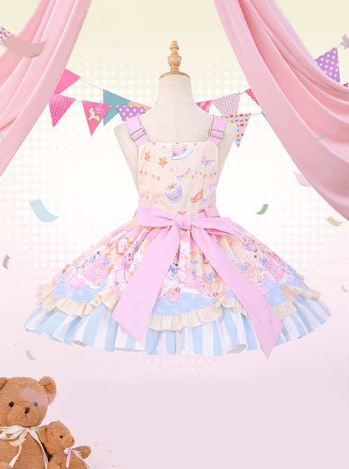 Party Bunny Series Daily Pink Cute Gorgeous Cake Desserts Print Bowknot Sweet Lolita Sleeveless Dress Doll Ribbon Hairpin Set